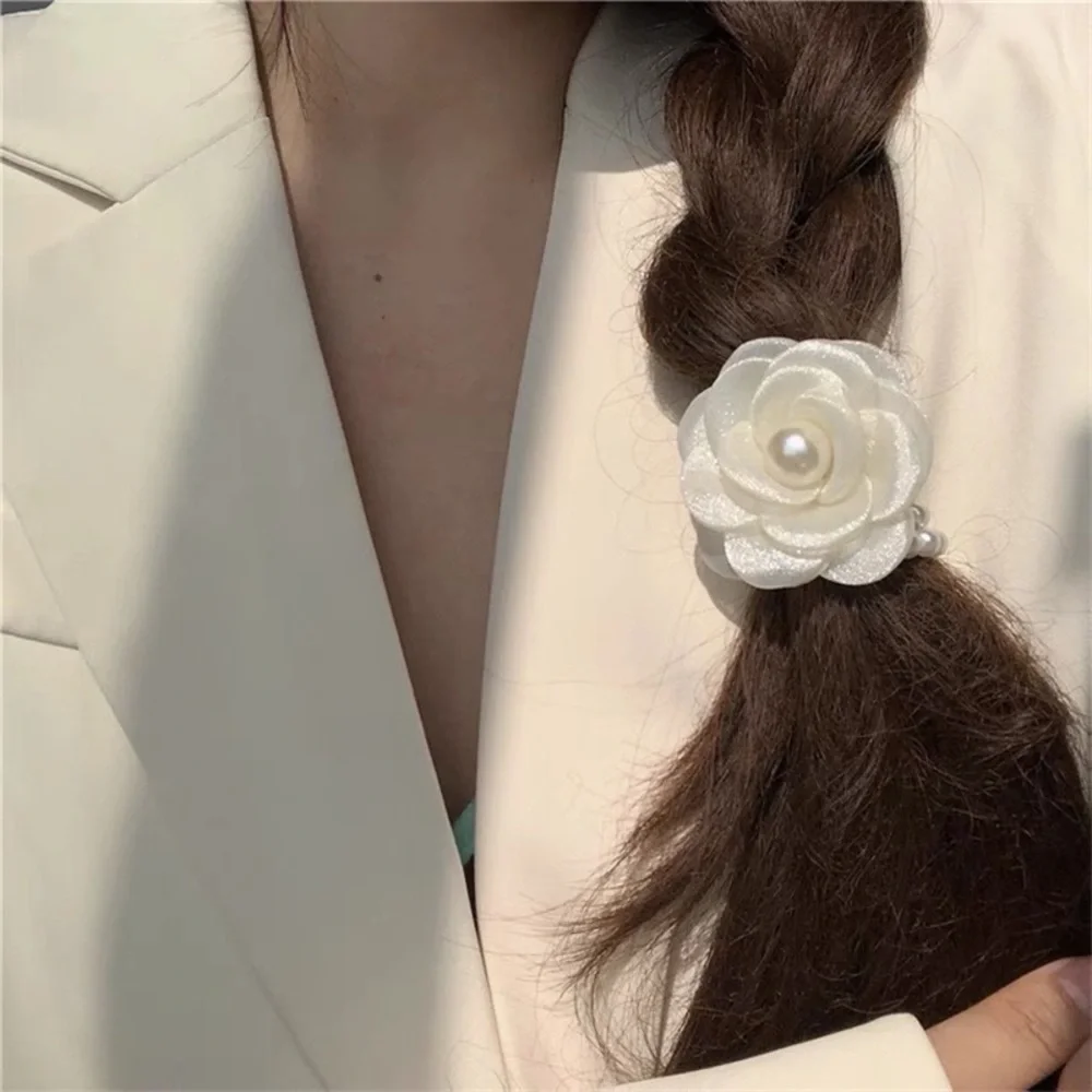 Ivory camellia flower pearl hair elastic band hair tie bracelet